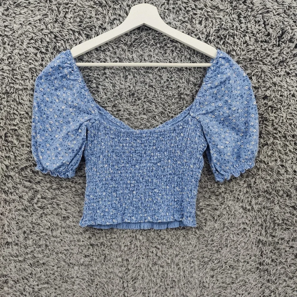 Abercrombie Fitch Womens Cottage Milkmaid Linen Blend Smocked Top M Blue Crop